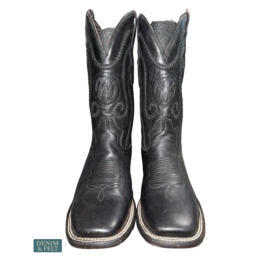 NEW Montana Black Leather Western Cowboy Boots Square Toe Ranch Rodeo US 9D Mens